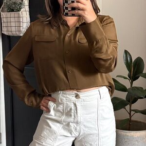 Helios & Luna 100% Silk Classic Buttoned Front Taupe Green Shirt. Size M